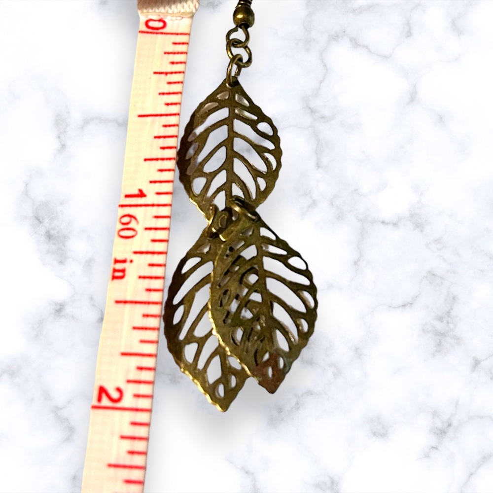 Handmade Leaf Earrings Brass Filigree Dangle Statement Leaves Pierced Boho - Picture 4 of 9